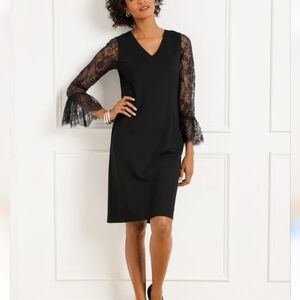 Talbots, New, Black Lace Flounce Sleeve Ponte Knit A-Line Shift Dress, Size 6